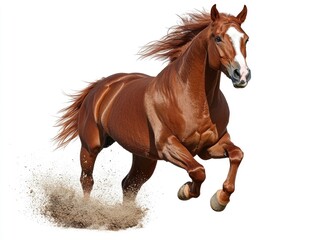 Naklejka premium Majestic brown horse in a dynamic gallop against a white background