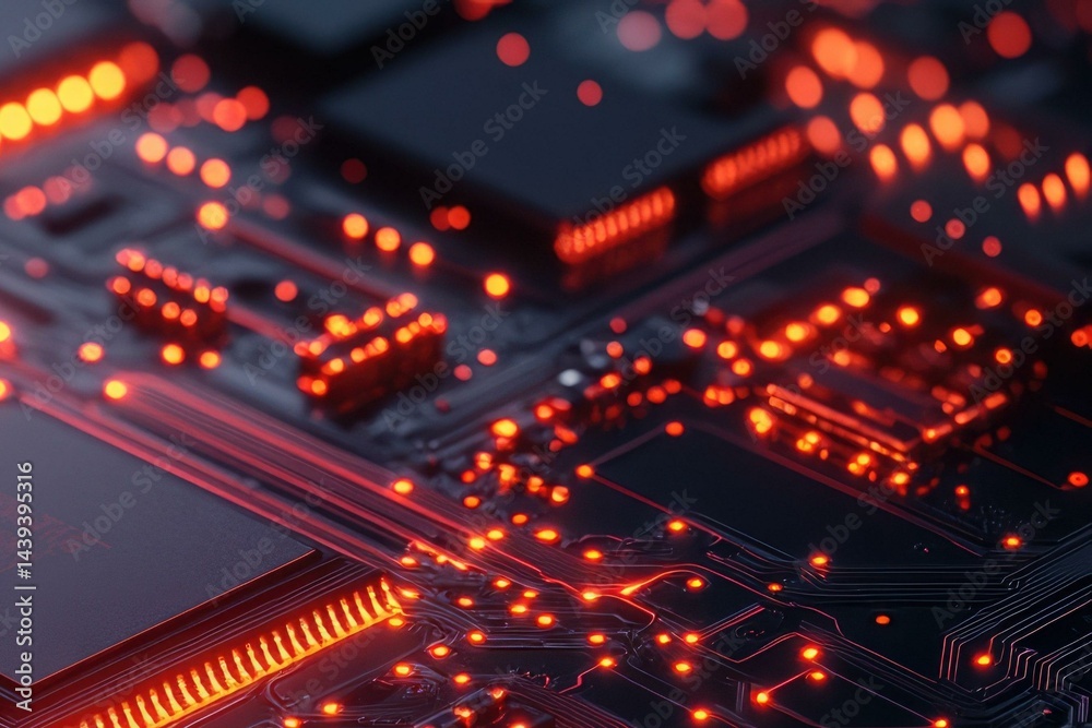 Poster Close-up view of a circuit board with glowing red components, showcasing intricate technological details.