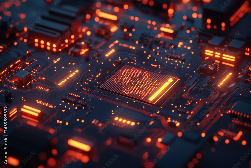 Aufkleber close-up of a glowing circuit board, showcasing intricate details and illuminated pathways.