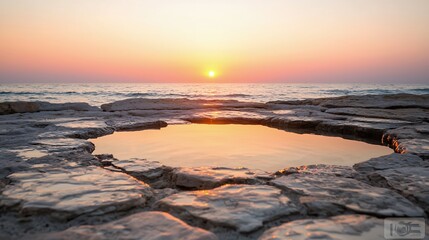 Pink and Orange Sunset Over Coastal Tide Pools with Flat Rocks