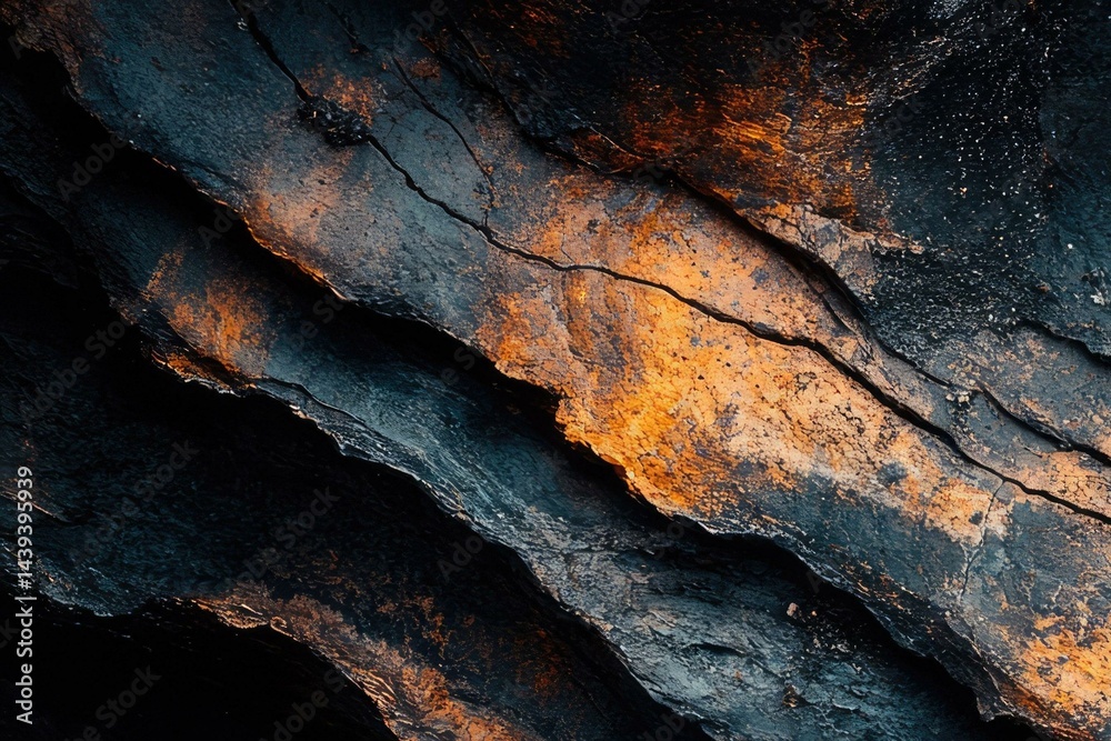 Poster close-up of layered dark rocks with orange accents, showcasing texture and geological formations.