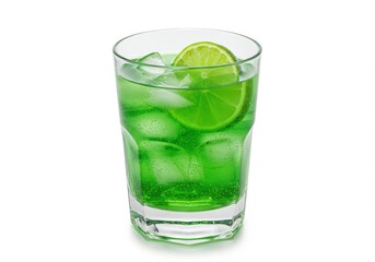 Refreshing green cocktail with ice cubes and a lime slice in a clear glass against a white background