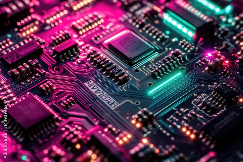 Aufkleber close-up of a circuit board with vibrant pink and teal lighting, showcasing intricate electronic com