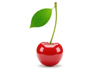 A single, vibrant red cherry with a green stem and leaf stands against a bright white background in a studio shot