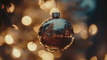 Obraz premium Reflected Christmas tree ornament, glowing softly.