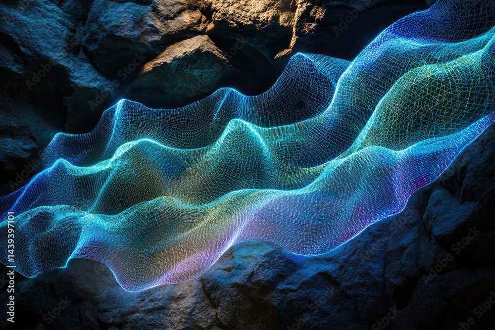 Poster Glowing, ethereal net-like structure flows over dark, rocky terrain, creating a surreal, digital landscape.