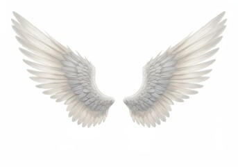 Pair of ethereal white angel wings spread against a bright white background, symbolizing freedom and spirituality