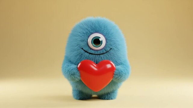 Adorable One-Eyed Fuzzy Monster Holding a Heart
