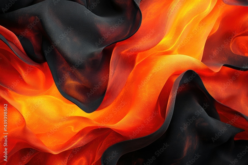 Poster abstract image of flowing black and orange fabric resembling fire and shadow.