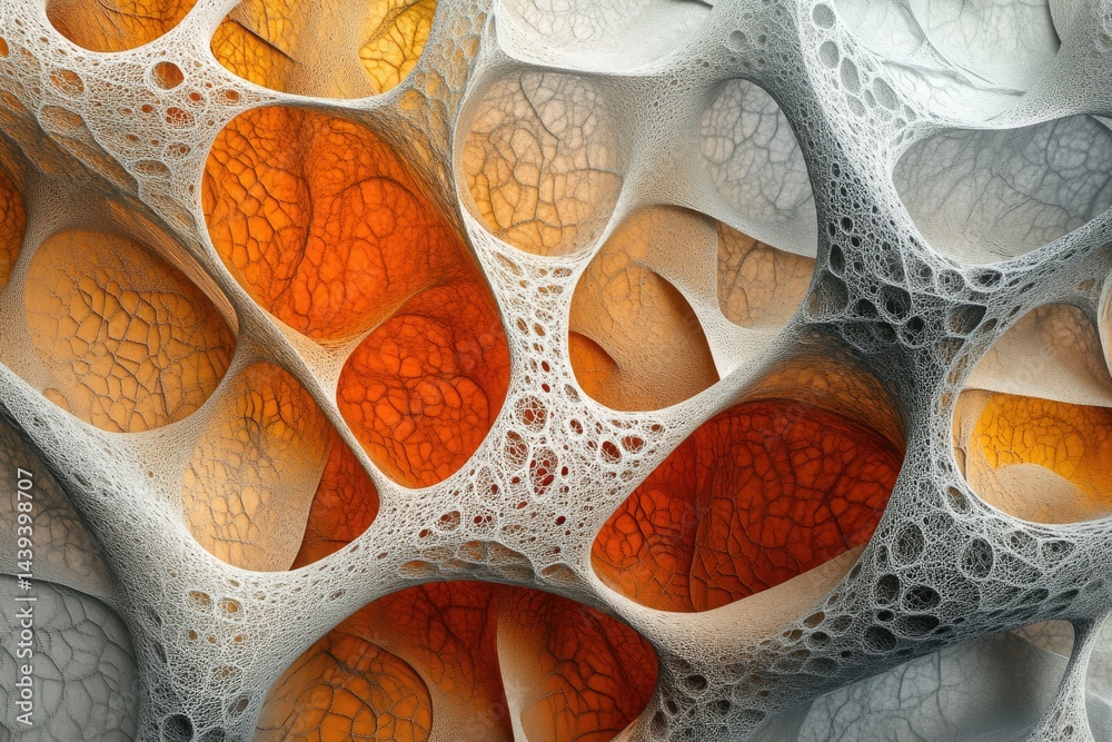 Poster Abstract 3D render of a complex, interconnected network resembling a porous structure or biological tissue with orange and grey hues.