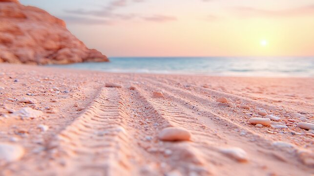 Pink Sand Desert Beach Sunset with Tire Tracks - Powered by Adobe