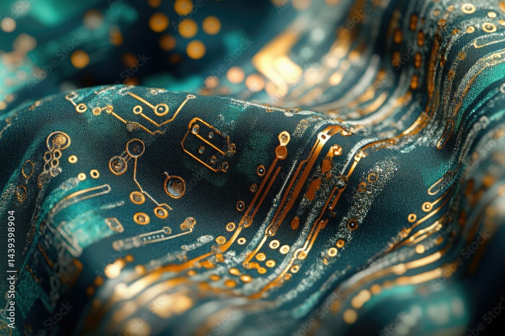 Poster A close-up of a teal fabric with gold circuit board patterns, creating a technological textile.