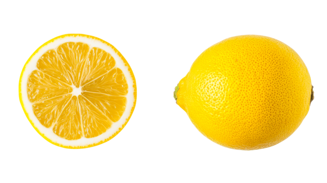 Sliced and whole lemon on clear bg