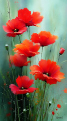 Vibrant Red Poppy Flower Painting, Summer Meadow Scene