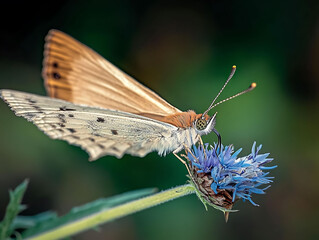 Obraz premium Stunning closeup of a delicate butterfly with beige and white wings feeding on a vibrant blue flower. Perfect for nature, wildlife, or insectthemed projects.