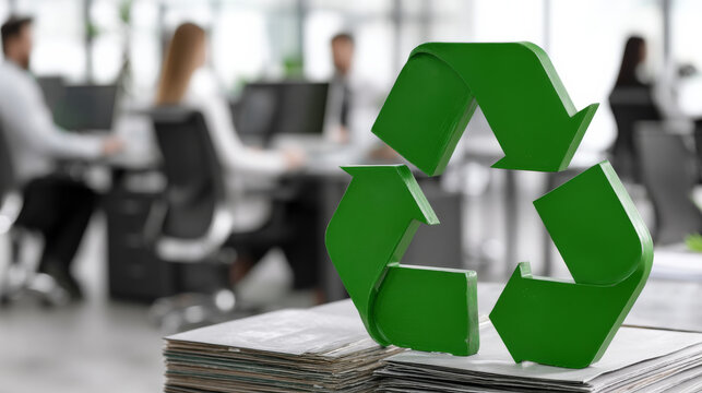Green recycling symbol placed on a stack of papers in a modern office setting with blurred background, symbolizing commitment to environmental consciousness and sustainable practices in the workplace