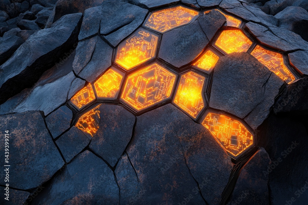 Poster Glowing hexagonal circuit embedded within a fractured dark rock, a futuristic concept.