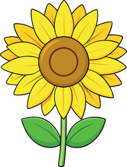 Vibrant Sunflower Vector Illustration – Exquisitely Detailed Floral Botanical Art Featuring Cheerful Yellow Petals, Green Stem and Leaves, Ideal for Modern Digital Design, Creative Advertising & Seaso