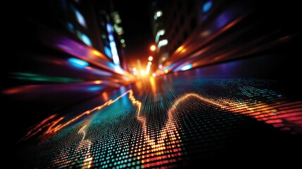 Abstract motion blur of city lights with vibrant colors and digital sound wave pattern on surface at night