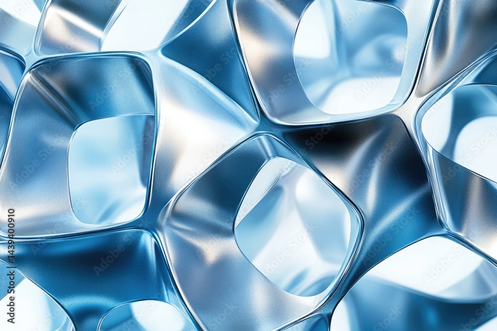 Poster Abstract 3D rendering of a metallic blue structure with interconnected, organic shapes and reflective surfaces.