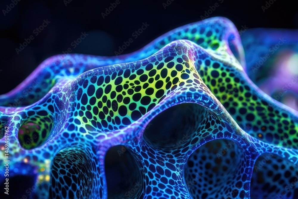 Fototapete abstract 3d render of a vibrant, bioluminescent, porous structure with a network of glowing dots.