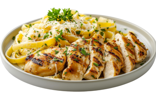 Creamy Indulgence: Grilled Chicken Alfredo Isolated On White Background.