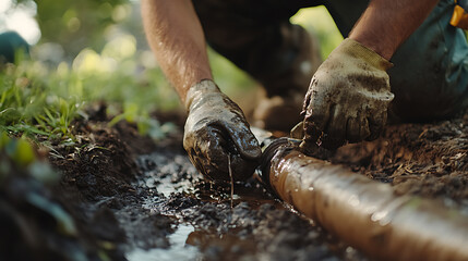 Obraz premium Repairing a Leaking Pipe in Mud
