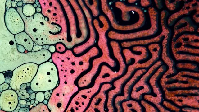 Substances mixing under a microscope, showcasing colorful fluid patterns and textures
