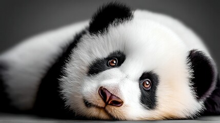 Fototapeta premium Adorable Young Panda Face with Soft Fur and Expressive Eyes Laying on Surface in Natural Light