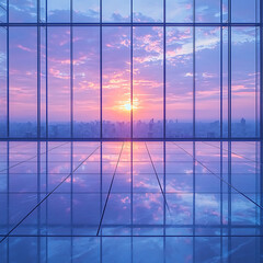 Obraz premium Stunning sunset cityscape viewed from a modern, sleek office space. The image evokes success, opportunity, and a bright future.