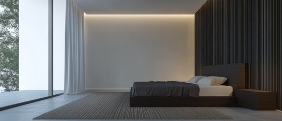 Fototapeta premium Modern minimalist bedroom design with large windows and natural lighting in the evening