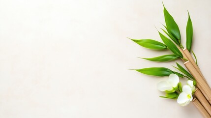 Bamboo Shoots with Flowers Minimalist Style High-resolution Soft Lighting Landscape Wide Shot Natural Textures Relaxation Concept Neutral Background Calm Serene Tones Perfect for Spa Branding
