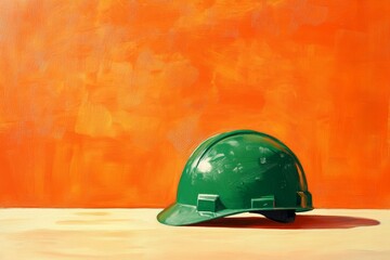 Green safety helmet on a wooden surface against an orange backdrop.