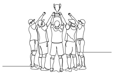 Continuous line drawing of Football Finals: Winning Team Celebrates Victory, Cheering and Lifting Trophy. Champions Show Cup to Stadium Crowd in Joyful Moment. line art vector illustration.
