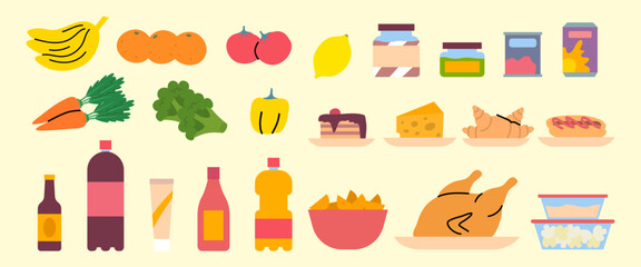 Cartoon Color Different Types Healthy Food Set Nutrition Concept Flat Design Style. Vector illustration of Fresh Fruit and Vegetable