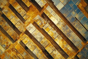 Aerial view of a solar farm, showcasing rows of solar panels and the surrounding landscape.