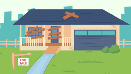 Cartoon Color Abandoned Cottage for Sale on a Landscape Scene Concept. Vector illustration of Old Dilapidated Suburban House