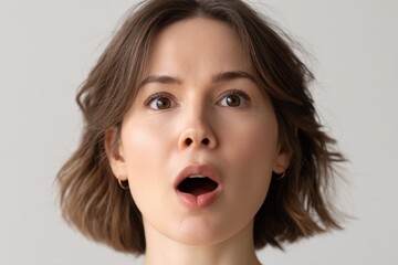 Astonished Brunette Woman Portrait Eyes Wide Open Mouth Ajar with Shock and Surprise Expression