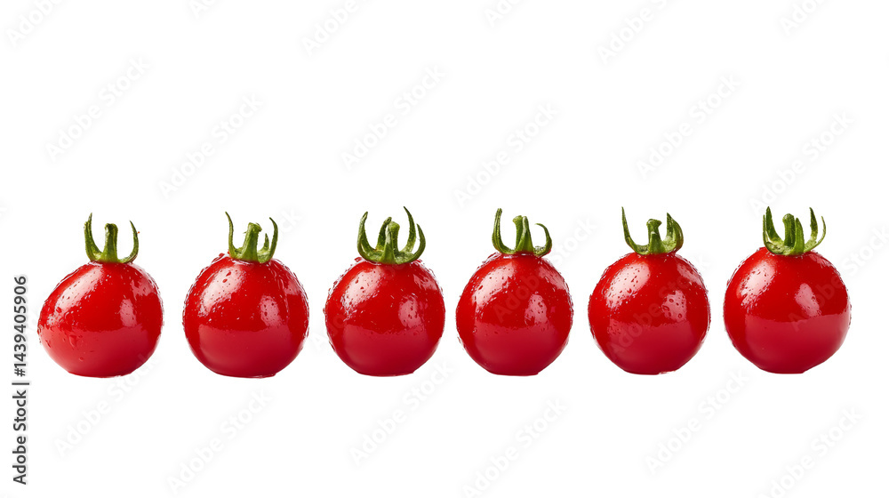 Poster Vibrant row of fresh red cherry tomatoes on an isolated transparent display backdrop