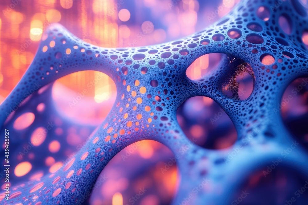 Fototapete Abstract 3D render of a blue porous structure with an orange bokeh background.