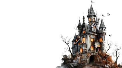 Eerie gothic castle illustration shrouded in mystery with illuminated windows and ghostly trees