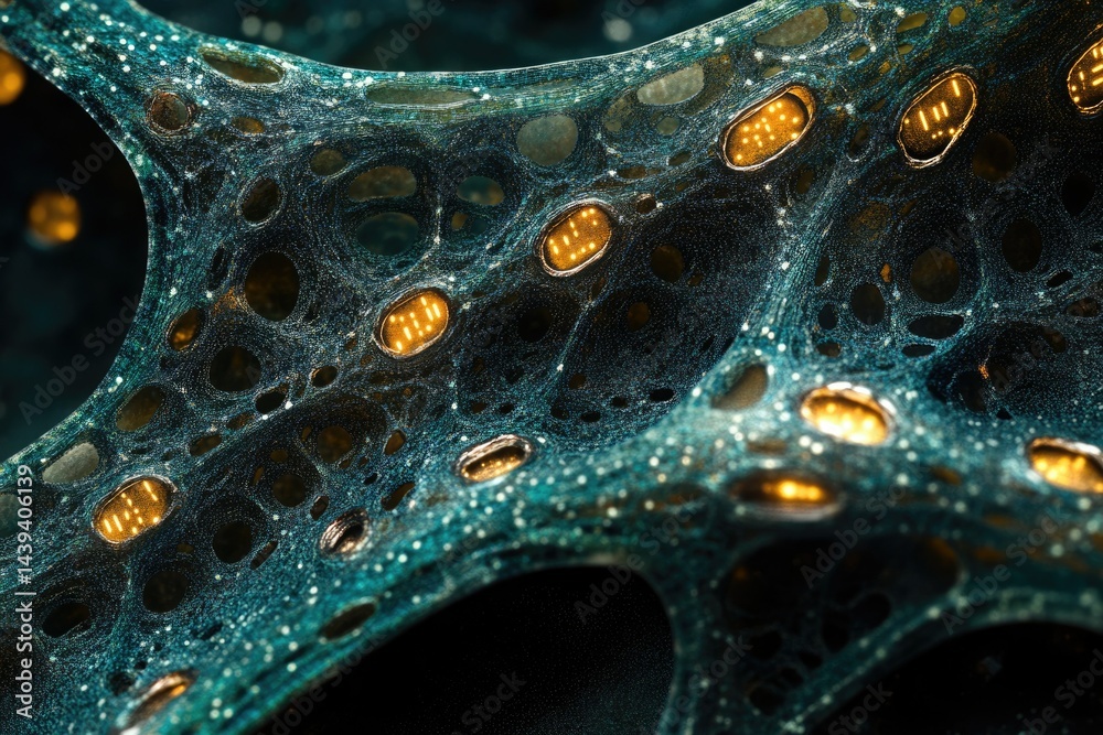 Aufkleber Abstract image depicting a complex network with glowing nodes, resembling a neural network or futuristic technology.