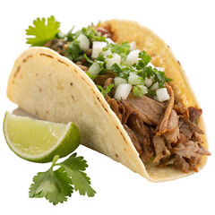 Single carnitas taco isolated on a transparent background