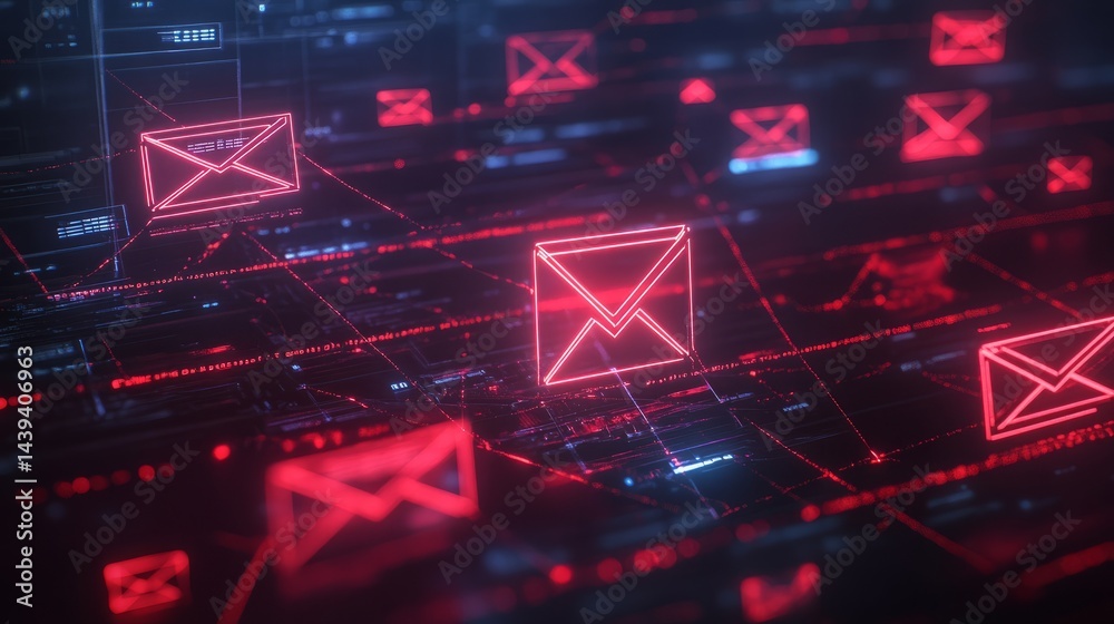 Poster 3d hacker attack concept featuring spam emails, security breach warnings, and digital crime elements