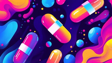 Abstract pharmaceutical capsules with vibrant liquid background illustration