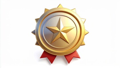 Gold Medal Award with Star and Red Ribbon Achievement Symbol