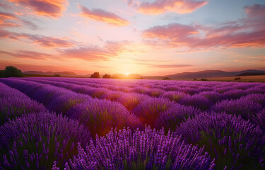 Stunning landscape with lavender field at sunset