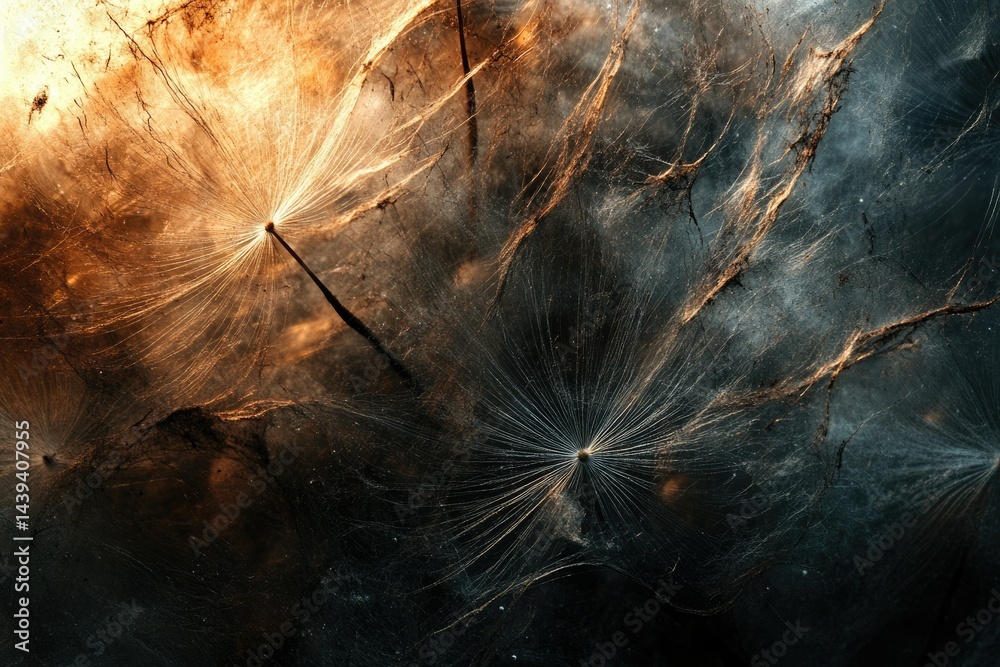 Aufkleber Intricate details of dandelion seed heads, illuminated by warm light, creating a captivating abstract image.