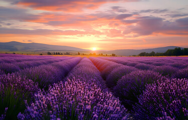 Obraz premium Stunning landscape with lavender field at sunset
