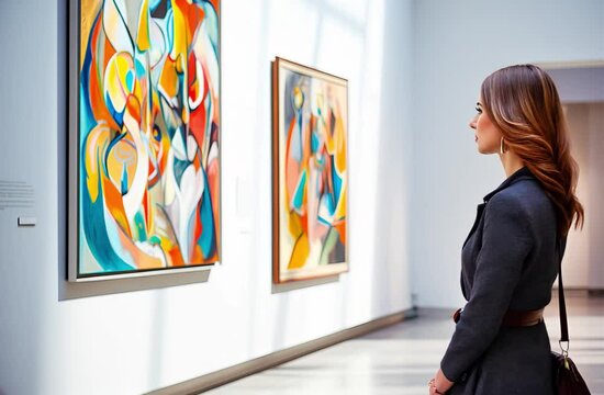 Young woman contemplating a painting in a museum